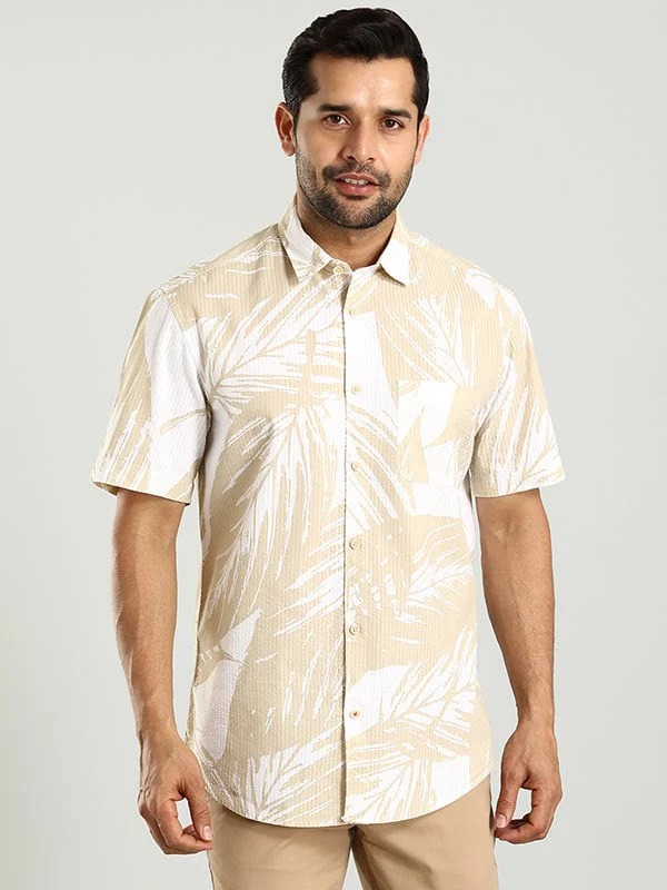 Indian Terrain Men's Regular Fit Half Sleeve All Over Print White Shirt